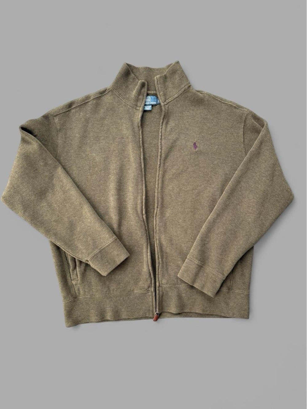 Vintage 80s Polo Ralph Lauren full zip up sweater in olive green, size L.